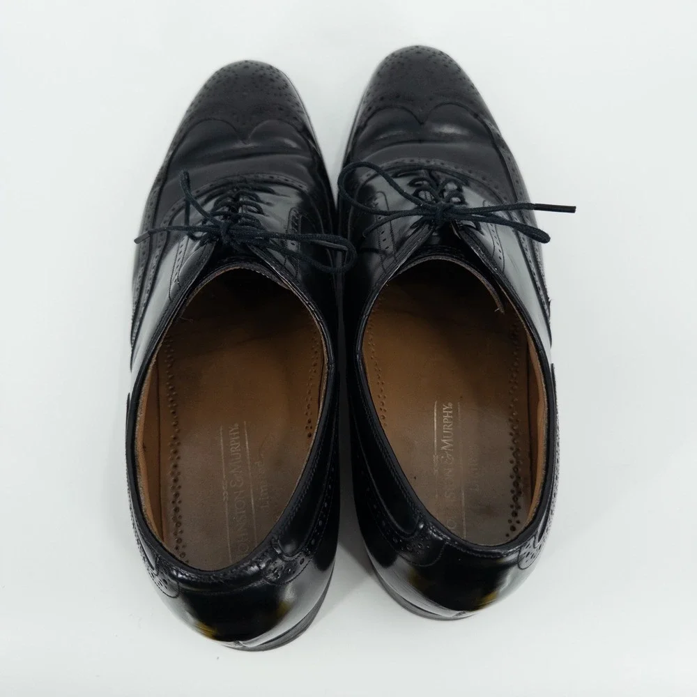 Johnston & Murphy Black Leather‎ Wingtip Oxford Dress Shoes Mens 9.5 USA Made